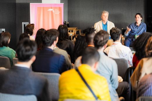 Tom Bernard, Co-President and Co-Founder, Sony Pictures Classics and Dylan Leiner, Executive Vice President of Acquisitions, Production and Business Affairs, Sony Pictures Classics speak at the Sony Future Filmmaker Awards 2024 workshop program