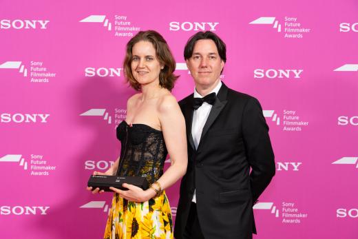 Katie Blair, winner of Fiction category with Dylan Leiner, Senior Executive Vice President of Acquisitions & Production at Sony Pictures Classics, at the Sony Future Filmmaker Awards 2024 ceremony