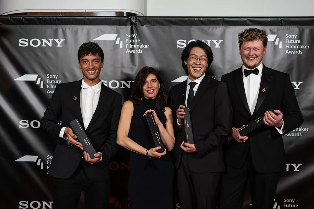 Dan Thorburn with four of the Sony Future Filmmaker Awards category winners at the inaugural ceremony at the Cary Grant Theater 