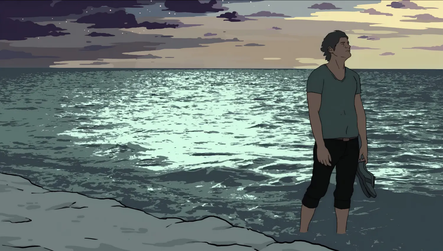 A still from an animated short film showing a man fully dressed standing knee-deep in the ocean at dusk