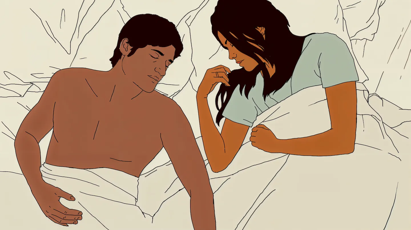 A still from an animated short film showing a couple in bed