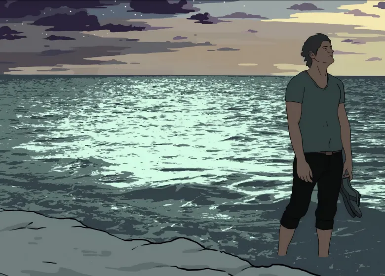 A still from an animated short film showing a man fully dressed standing knee-deep in the ocean at dusk